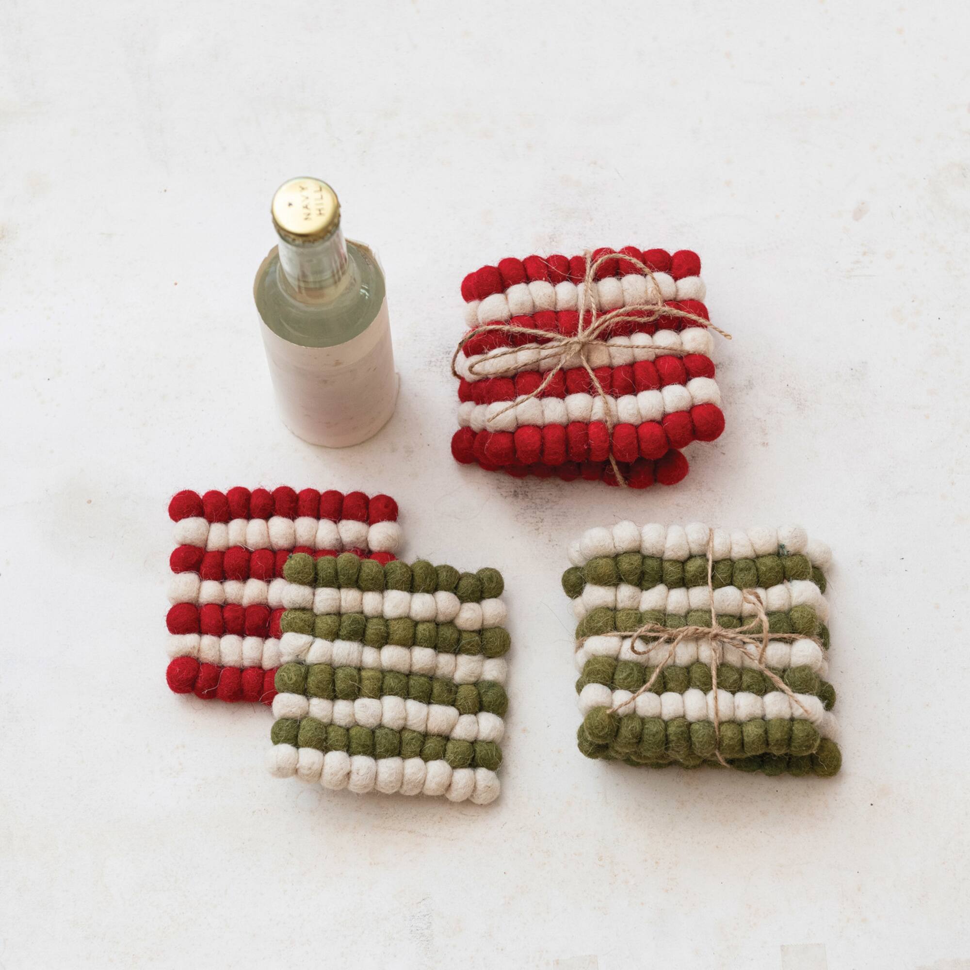 Hello Honey® 4" Cream & Green Handmade Wool Felt Ball Coasters, 4ct.